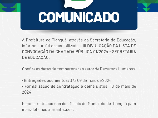 IlI DIVULGAÇÃO DA LISTA DE CONVOCAÇÃO DA CHAMADA PÚBLICA 01/2024 - SECRETARIA DE EDUCAÇÃO.